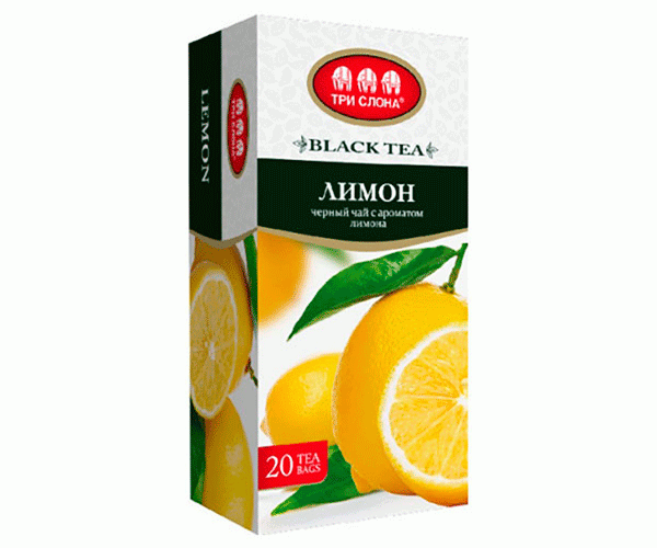 Черный чай Три Слона Лимон в пакетиках 20 шт - фото-1