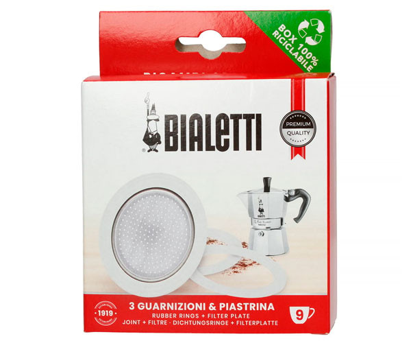 3 уплотнителя + сито для кофеварок Bialetti на 9 порций